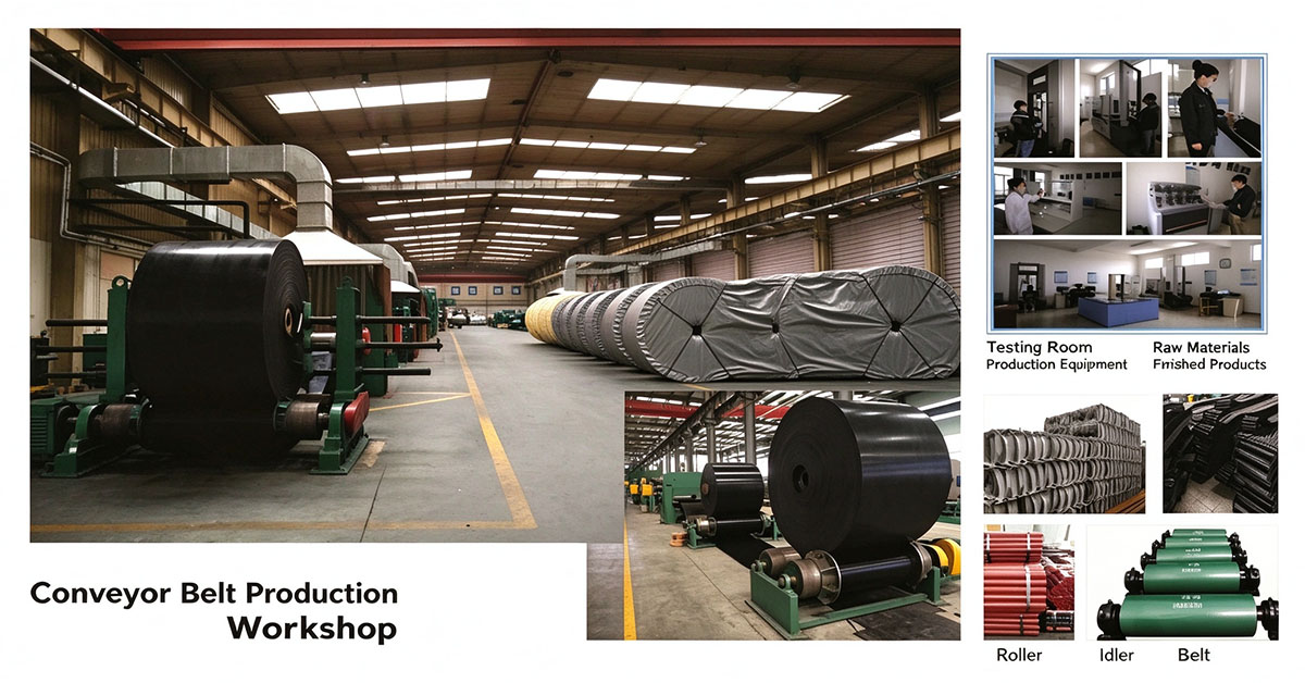Rubber conveyor belt production workshop, factory manufacturing, testing room, finished conveyor belt and idler roller