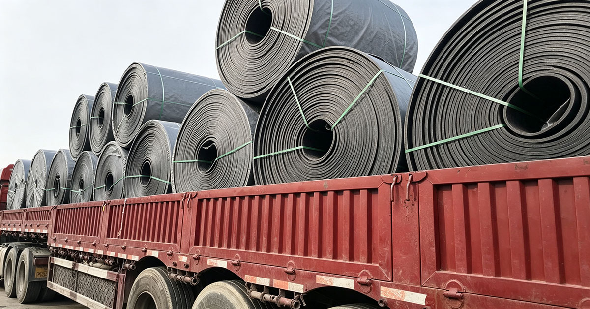 Conveyor belt rolls loaded on truck for delivery and export