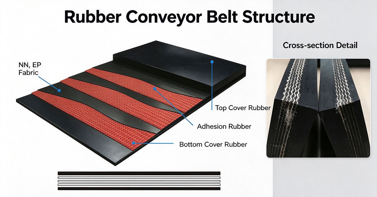 ubber conveyor belt cross section structure diagram, industrial rubber belt for mining bulk material conveying