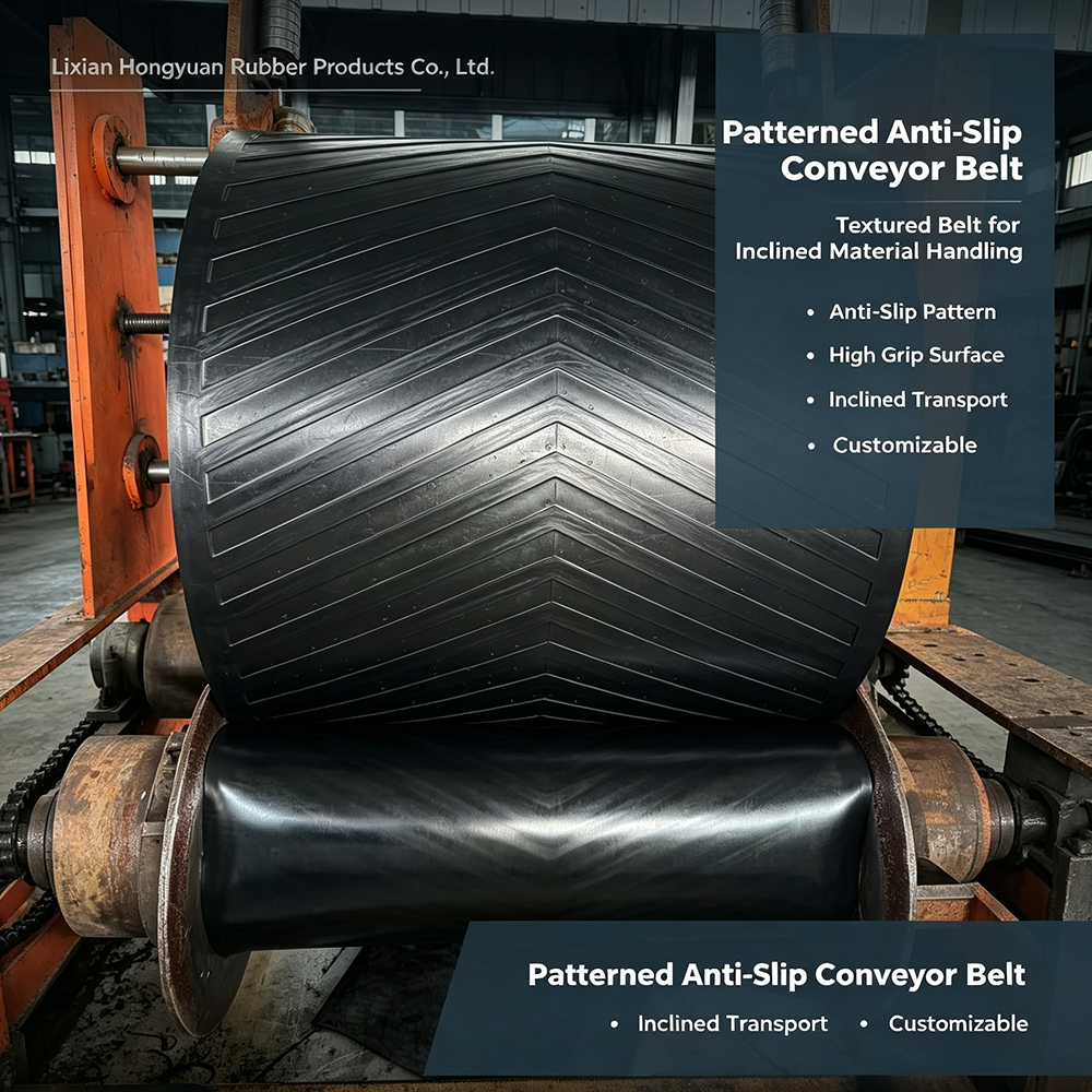Hongyuan patterned anti-slip conveyor belt textured surface rubber belt for medium incline material handling