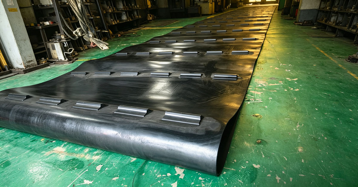 Large angle rubber conveyor belt with cleats and side walls for steep conveying