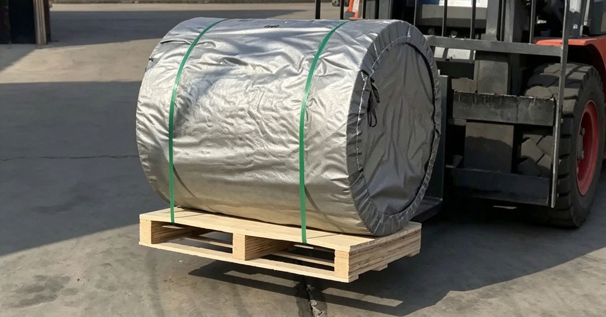 Pattern rubber conveyor belt roll with export packaging, packed on wooden pallet for shipment